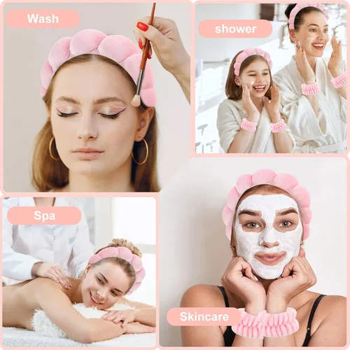 Vista 7 de CAVETEE Diadema de maquillaje para mujer, cuidado de la piel rosa para lavar la cara, lindo spa hinchado con banda elástica y esponjas faciales