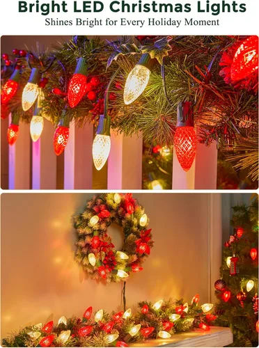 Vista 8 de Luces de cadena LED C9 de Navidad para exteriores, 26 pies, 20 luces LED de sendero de Navidad con 20 estacas de plástico, conectables e Rojo