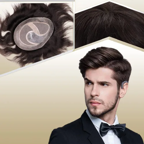 Vista 19 de Toupee para hombres sistemas de reemplazo de cabello humano real europeo para hombres, postizos finos, centro de encaje, piel más gruesa, pieza