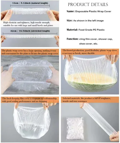 Vista 9 de 200 bolsas de conservación de frescos, bolsas de plástico elásticas para sellar alimentos con borde elástico, tapas ajustables elásticas Transparente