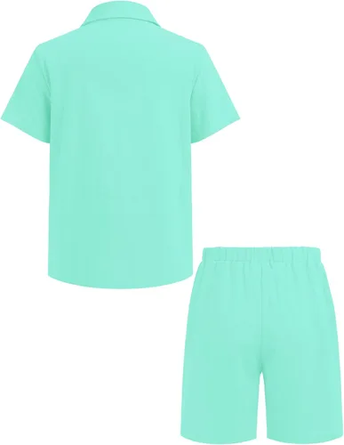 Vista 2 de COOFANDY Boy's 2 Piece Outfit Linen Short Sleeve Button Down Shirt Shorts Sets