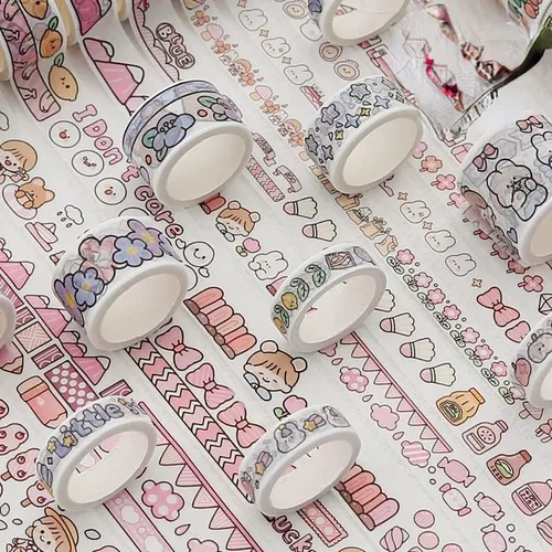 Vista 6 de 12 rollos de cinta kawaii de arte washi, suministros de oficina para la escuela, estética, juego de cinta adhesiva decorativa de dibujos animados