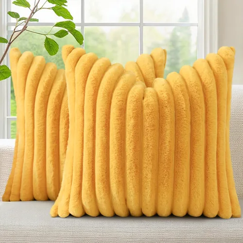 Vista 41 de decorUhome Fundas de almohada de piel sintética, juego de 2, decorativas, afelpadas, suaves, afelpadas, a rayas, parte posterior de terciopelo