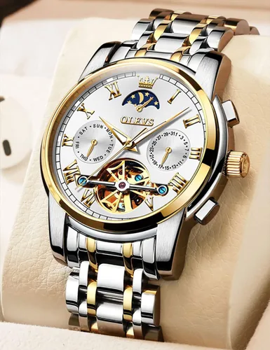Vista 2 de OLEVS Relojes automáticos de cuerda automática para hombre, fecha y día, calendario, relojes de acero inoxidable, movimiento esquelético