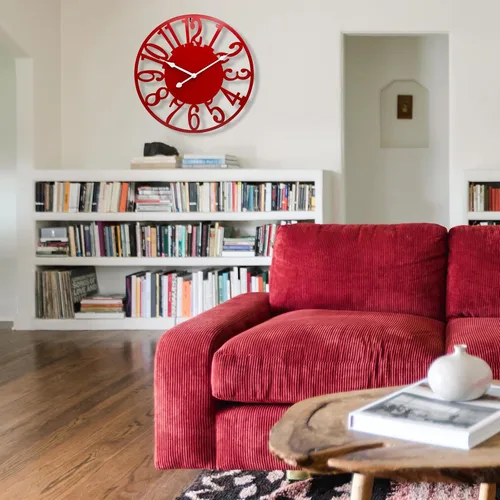 Vista 3 de Reloj de pared grande de 16 pulgadas, silencioso y moderno, funciona con pilas, moderno reloj decorativo de metal rojo para patio, porche, área