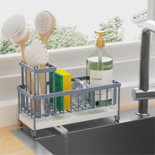 Vista 32 de Cisily Soporte de esponja negro extra grande para fregadero de cocina, organizador de fregadero con soporte alto para cepillos, organizadores
