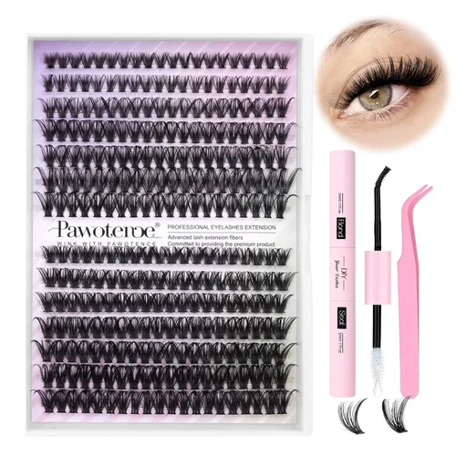 Vista 10 de Kit de Extensión de Pestañas Pawotence DIY 280 piezas, Kit de Racimos de Pestañas Individuales 20D y 30D Naturales 9-15mm, Kit de Extensiones