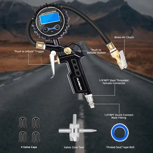 Vista 2 de Medidor de presión de neumáticos con inflador, portabrocas de aire de 250 PSI y accesorio de compresor, resistente, con conector rápido, resolución