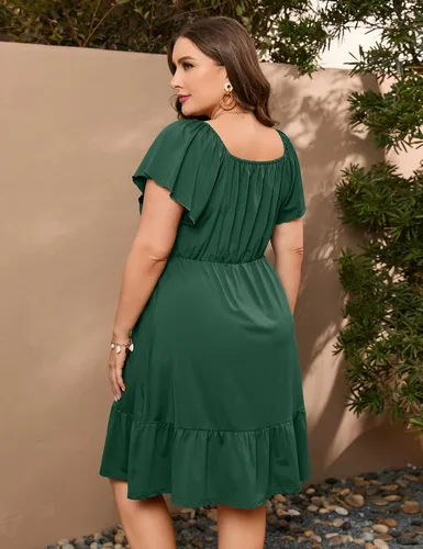 Vista 6 de ShopWonder Vestidos hawaianos de talla grande para mujer, vestido de cuello cuadrado, manga corta, casual, acampanado, vestido de verano