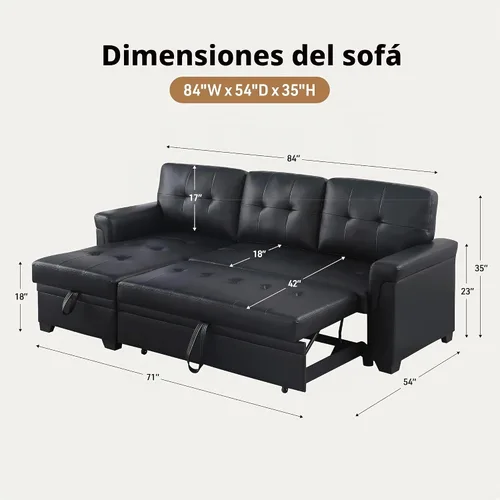 Vista 2 de Lilola Home Lucca - Sofá cama modular reversible de 84 pulgadas con cama Negro