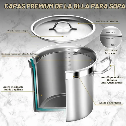 Vista 2 de Olla de acero inoxidable de 20 cuartos de galón con tapa, olla grande – Ollas de grado comercial de tres capas resistentes para hervir sopa