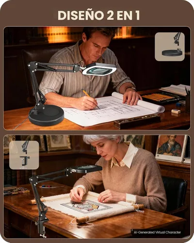 Vista 6 de Lupa redonda de 10 veces con luz y soporte, lámpara de escritorio con luz LED 2 en 1 y abrazadera, 5 modos de color regulable continuo, lámpara