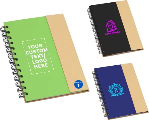 Vista 8 de DISCOUNT PROMOS Juego de 1 cuadernos de espiral ecológicos personalizados con bolígrafos, paquete personalizado a granel, perfecto para negocios