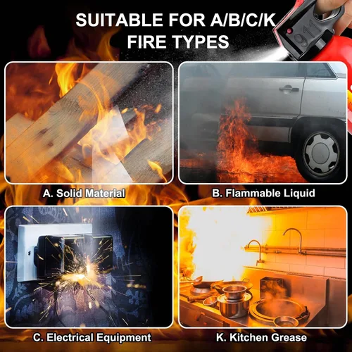 Vista 6 de Extintor de Incendios para el Hogar - Pack de 6 Extintores de Incendios para Coche con Montaje en Pared, Extintor de Incendios Pequeño A B C K
