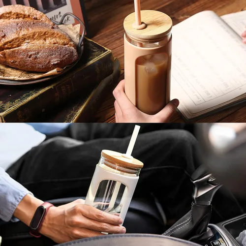 Vista 3 de Kodrine Vaso para agua de vidrio de 20 onzas con popote y tapa, botella de agua con tapas de bambú, taza para café helado, reutilizable, boca ancha