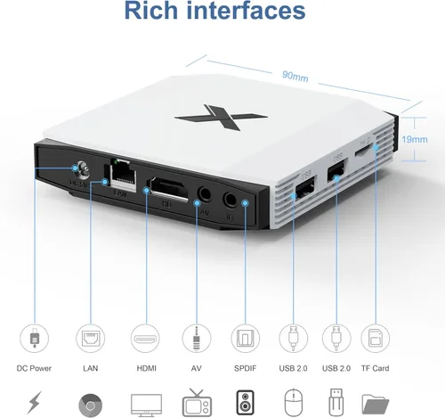 Vista 10 de Android TV Box 4GB RAM 32GB ROM, 4K Ultra HD HDR Quad Core Set Top Box, Dual Band 2.4G 5G WiFi Bluetooth 5.0, Plug & Play Smart TV Box para TV