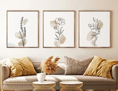 Vista 6 de NATVVA 3 piezas de arte de pared botánico de flores salvajes, impresiones en lienzo de hojas de línea azul marino, póster floral, pintura para sala