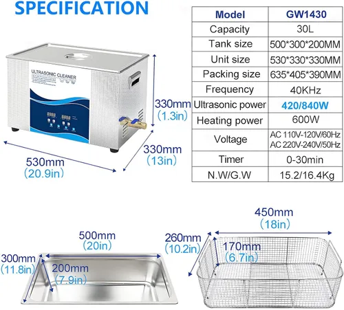 Vista 2 de Máquina limpiadora profesional de joyas Sonic – Limpiador ultrasónico digital con calentador, temporizador y modo Degas para dentaduras, monedas