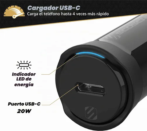 Vista 3 de Scosche CPD20Ci4B4 Powervolt 20W USB Tipo-C PD 3.0 Cargador de coche negro con certificado MFi USB-C a Lightning carga y sincronización trenzado
