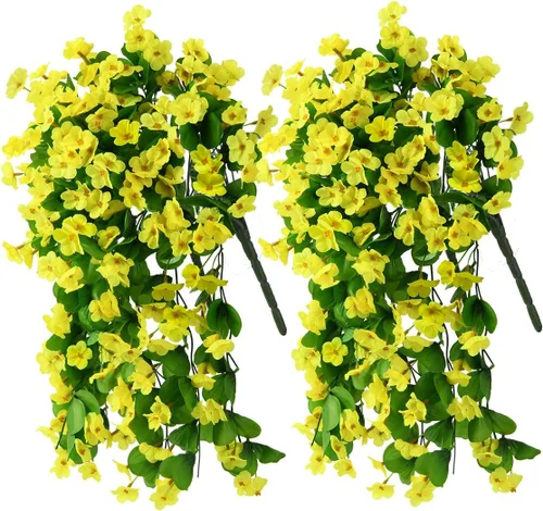 Vista 9 de Flores artificiales colgantes falsas para decoración de otoño al aire libre, 2 piezas de seda sintética violeta, aspecto resistente a los rayos UV A