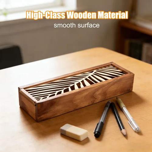Vista 4 de Caja de madera sin acabar, caja de almacenamiento para lápices de madera, estuche vintage con funda extraíble, caja de madera con tapa