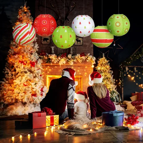 Vista 6 de Bencailor Juego de 12 linternas de papel colgantes de Navidad, linternas decorativas para fiesta de Navidad, lámparas colgantes redondas
