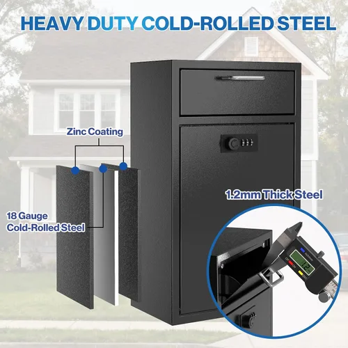 Vista 5 de Caja fuerte de buzón de pared con cerradura para negocios - Caja de seguridad resistente de 1.2mm con código - Caja de seguridad vertical a prueba