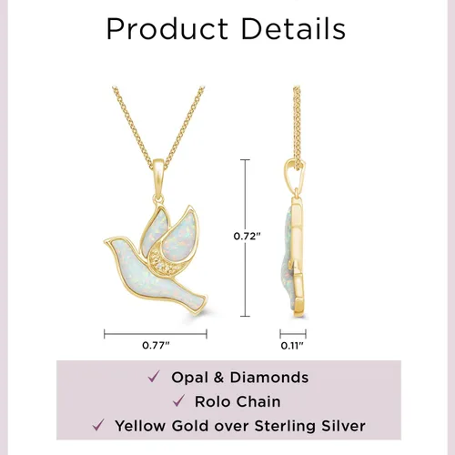 Vista 13 de Jewelili Collar con colgante de paloma de plata de ley o oro amarillo chapado en plata de ley para mujer, ópalo creado y diamantes redondos blancos