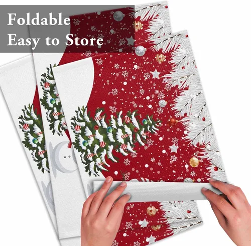 Vista 6 de Juego de 6 manteles individuales de Navidad, árbol de Navidad, muñeco de nieve, copos de nieve, agujas de pino, manteles individuales rojos