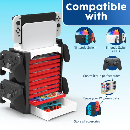 Vista 27 de Skywin Game Storage Tower and Controller Stand, Universal Game Holder & Console Stand with Left & Right Controllers, Game Disc Organizer