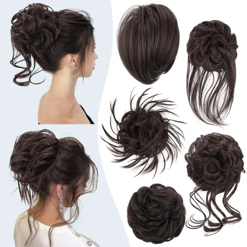 Vista 13 de HMD 5 piezas de moño despeinado para mujer, extensión de cabello con banda de goma elástica, extensión de cabello largo y desordenado, accesorios