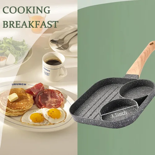 Vista 2 de JUSTUP Sartén antiadherente para huevos, mini sartén antiadherente 3 en 1, sartén dividida, mango resistente al calor, sartén de 3 secciones, mini