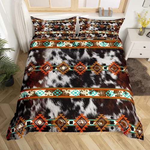 Vista 18 de Erosebridal Funda de edredón de piel de vaca marrón con estampado de vaca de las tierras altas, juego de ropa de cama occidental exótico azteca