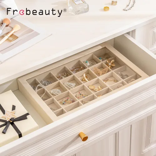 Vista 8 de Frebeauty Bandeja de joyería de 24 rejillas con tapa transparente Beige