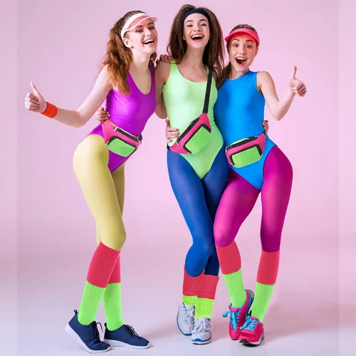 Vista 5 de Hicarer Accesorios de disfraz de los años 80 para mujeres y niñas, cangurera retro neón, calcetines largos para fiestas de los años 80 y 90