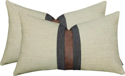 Vista 11 de Juego de 2 fundas de almohadas decorativas de cuero, decoración de exteriores, lino con parches, almohadas de cuero sintético marrón, funda