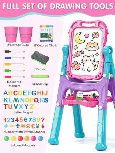 Vista 7 de Lehoo Castle Caballete para niños, caballete de arte para niños 4 en 1 de doble cara con pizarra blanca magnética y pizarra de tiza, caballete