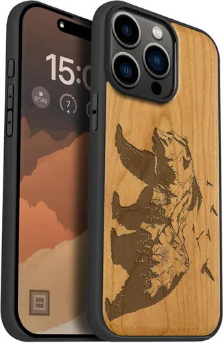 Vista 10 de Carveit Funda de madera para iPhone 15 Pro Max, calendario azteca, cereza