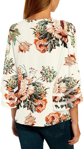 Vista 2 de luvamia Blusa casual con cuello en V para mujer, manga acampanada de 34 con panel de malla, blusa suelta