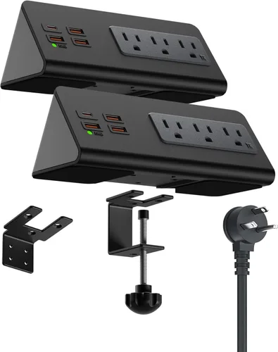Vista 10 de Estación de Carga con Soporte de Abrazadera de Borde con Puertos USB-C, Protector contra Sobretensiones de Mesa, Enchufes de Alimentación