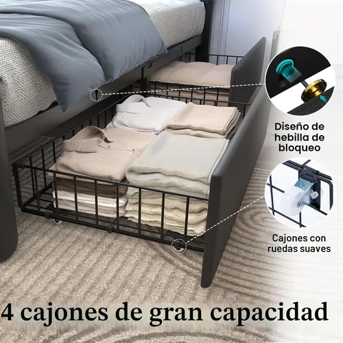 Vista 7 de Base de cama tamaño individual con 4 cajones de almacenamiento, luz LED, tapizado negro Platform Bed, Charging Station, Adjustable Headboard, PU