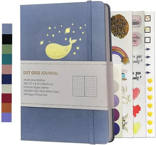 Vista 10 de Diario de cuadrícula de puntos A5, tapa dura, cubierta de piel vegana, papel blanco brillante, 160 páginas, 160 GSM, diario punteado, cuaderno lunar
