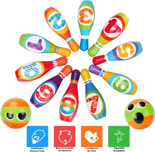 Vista 6 de Juego de bolos para niños AugToy 2-5 años, juego de bolos de interior suave para niños de 1, 2, 3, 4 años, niños y niñas, 10 pines de bolos