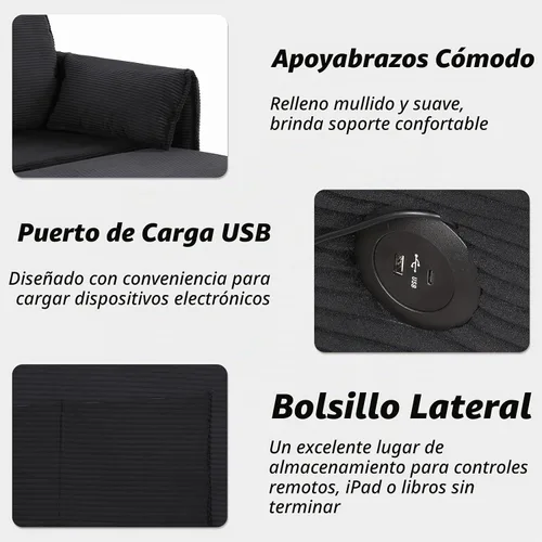 Vista 3 de Sofá cama Queen de 63.8 pulgadas, sofá cama convertible 3 en 1 con soporte para teléfono, puerto USB, cama extraíble de terciopelo