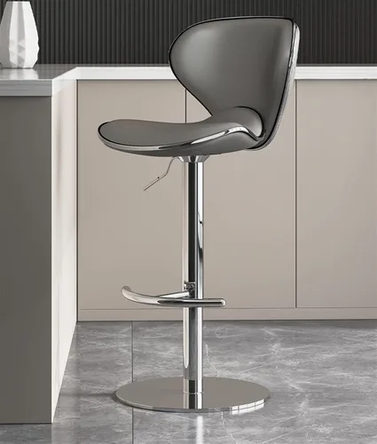Vista 11 de Juego de 2 taburetes giratorios para mostrador de desayuno, taburete ergonómico con respaldo de barra, altura ajustable, cuero de napa cromado