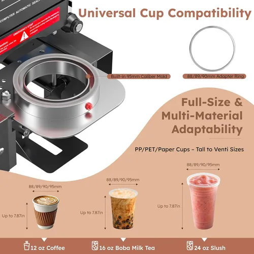 Vista 3 de Máquina de sellado de tazas, sellador automático completo de tazas, máquina Boba eléctrica de 88/89/90/3.740 in, 600 tazas/H, vasos de plástico
