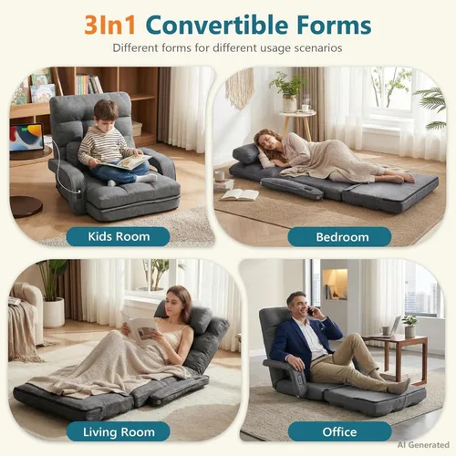 Vista 4 de Cómoda silla de piso con respaldo ajustable, sillas de sofá para juegos (gris) STHOUYN, 2 puertos de carga USB, interior, sofá perezoso, silla