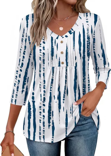 Vista 10 de Ekouaer Blusas de manga 3/4 para mujer, cuello en V, blusas plisadas casuales Boho Multicolor