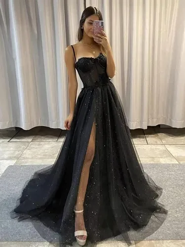 Vista 2 de Molisa Vestidos de fiesta de tul con purpurina 2023 con tirantes delgados, flores 3D, vestidos largos formales de noche con abertura
