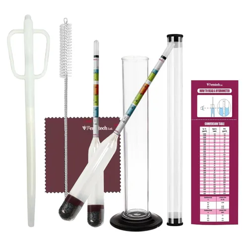 Vista 7 de Fermtech Kit de Hidrómetro de Triple Escala de Vidrio - Prueba ABV, Brix, gravedad para vino, cerveza, hidromiel y kombucha, con paño de microfibra
